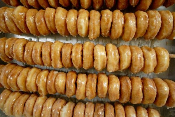 Closeup of glazed donuts at Britt's Donut Shop in Carolina Beach